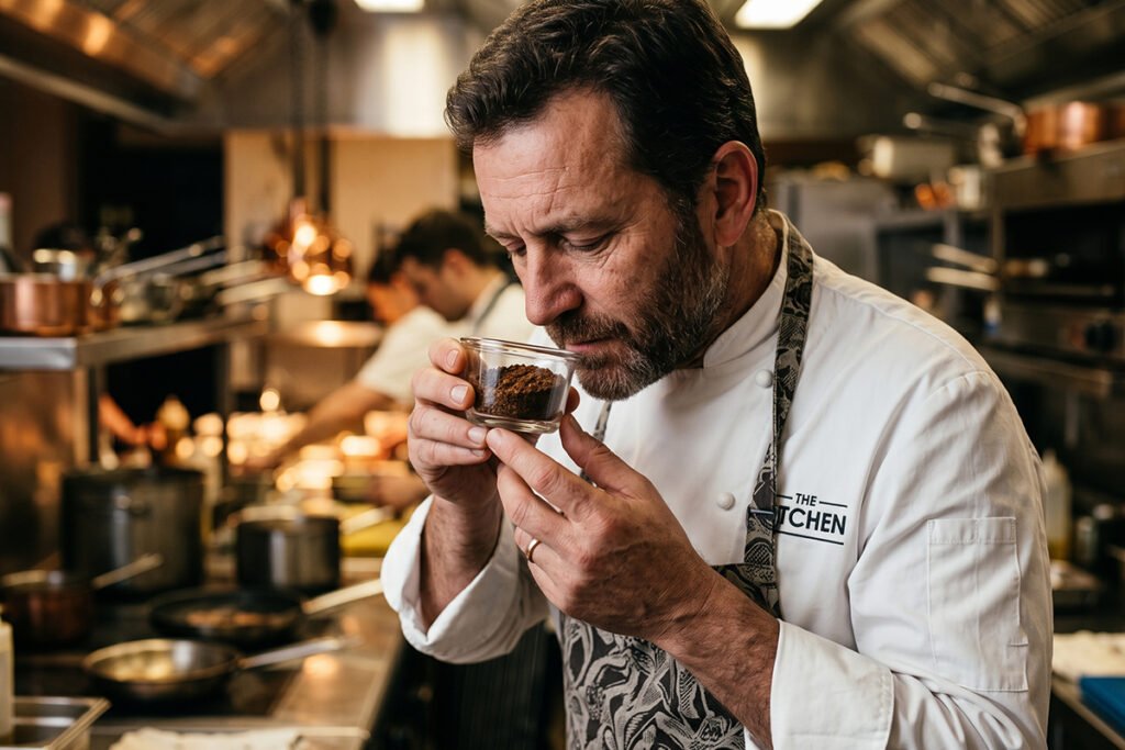A chef smelling ground seasonings to test aroma strength and oil quality