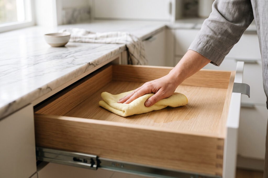 A clean, empty kitchen drawer being wiped down with a microfiber cloth