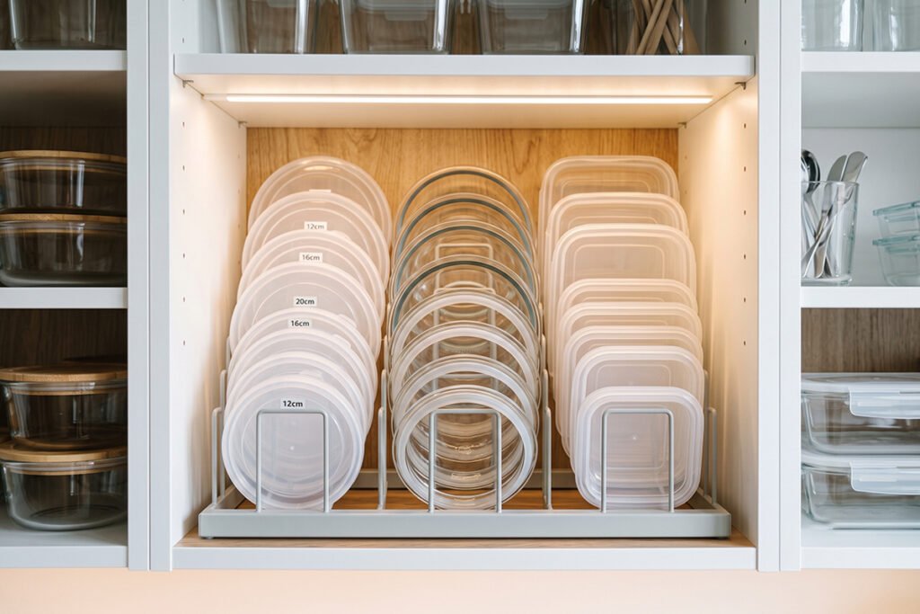 A clean kitchen cabinet showing an organized vertical rack holding plastic and glass food container lids neatly.