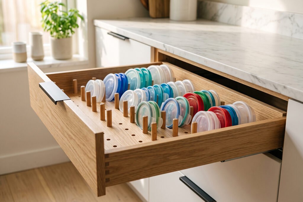 A clean kitchen drawer fitted with a wooden pegboard base and adjustable pegs holding plastic lids upright