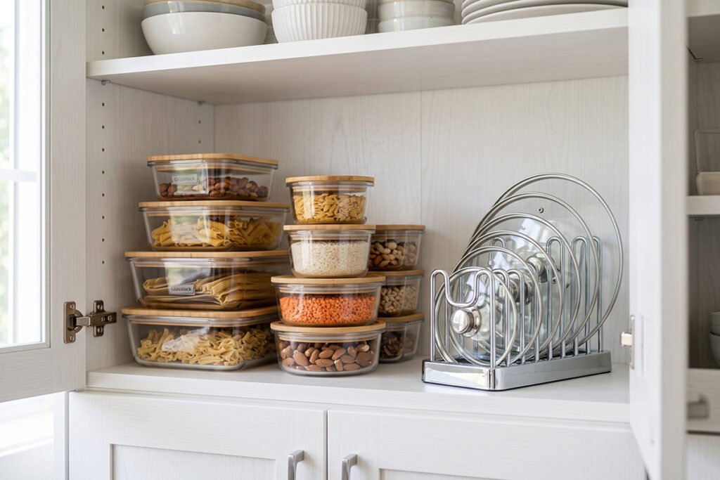 A clean kitchen shelf with nested containers and a vertical lid rack neatly arranged side by side.
