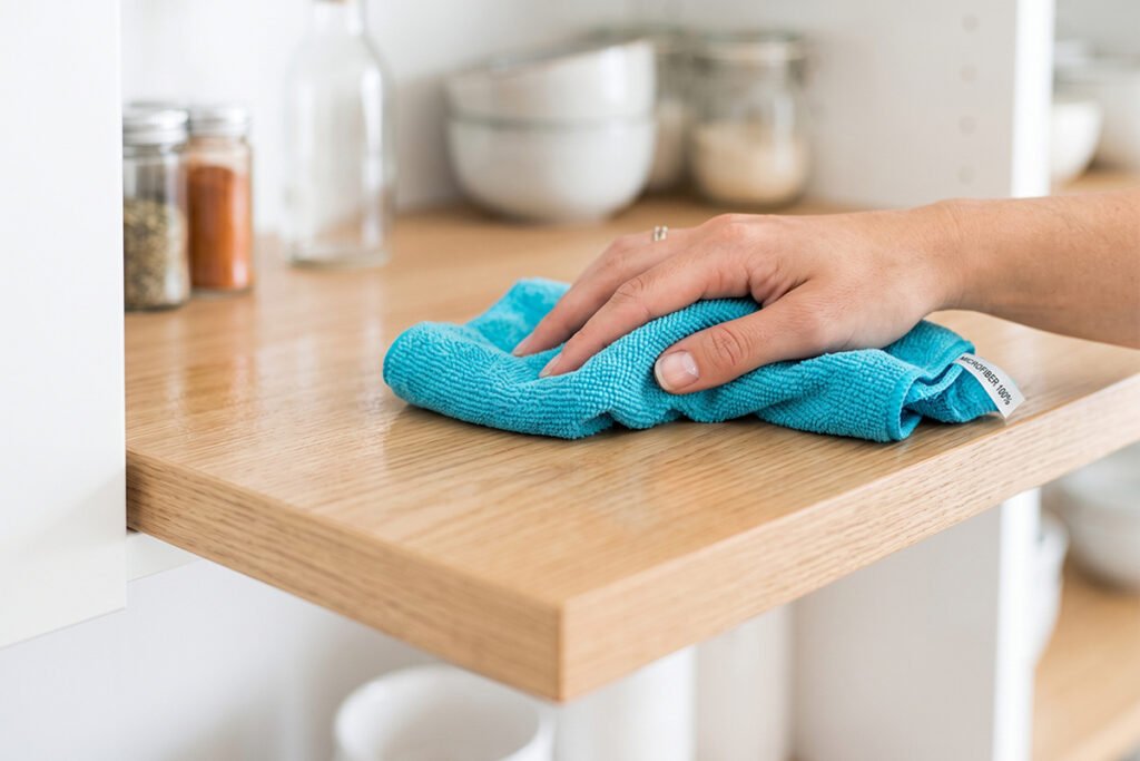 A clean microfiber cloth wiping down an empty wooden kitchen shelf