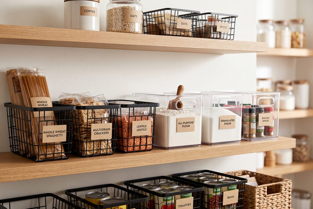 A clean pantry shelf displaying durable wire and clear plastic storage options
