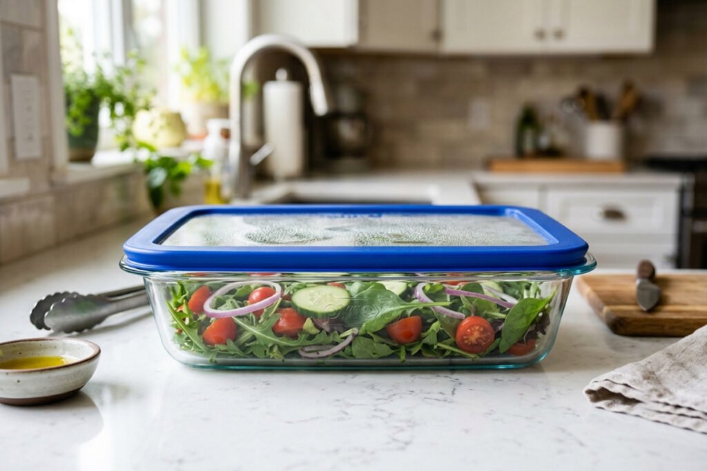 A clear glass Pyrex dish filled with fresh salad sitting on a clean kitchen counter