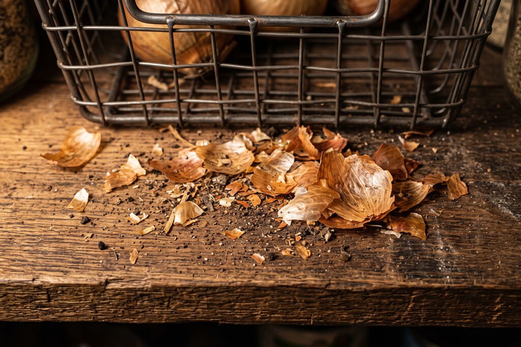 A close-up of a kitchen counter shelf showing fallen onion skins beneath a wire storage basket.