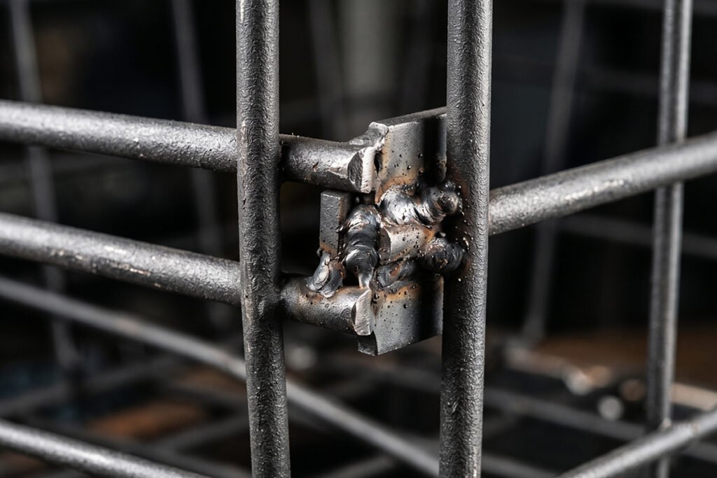 A close-up of the interlocking metal frame mechanism on the Prep & Savour baskets.