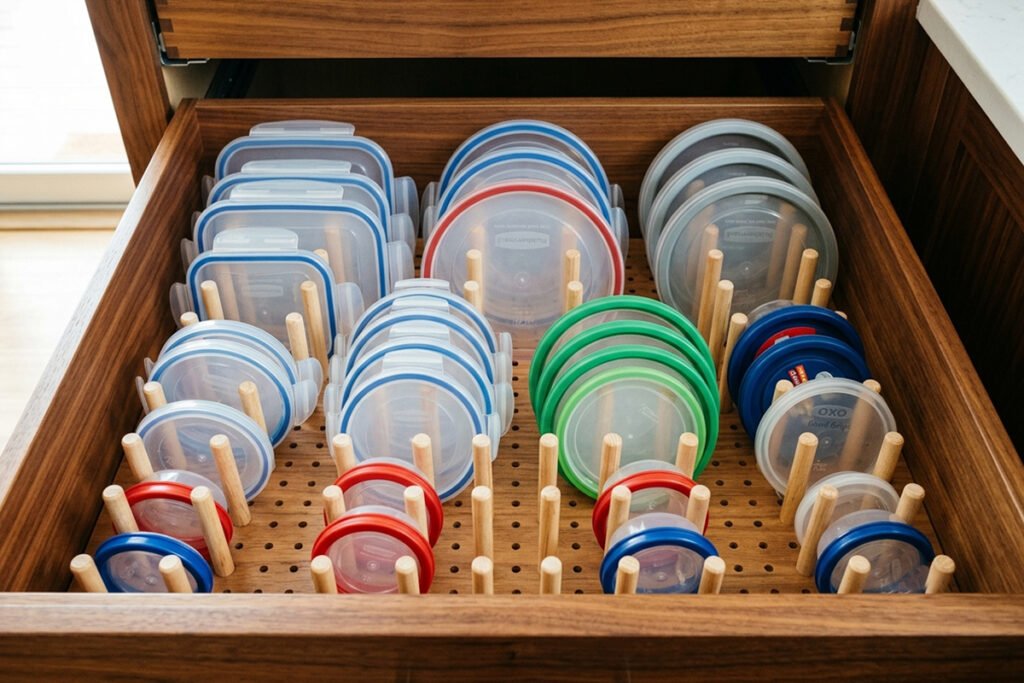 A close-up view of a deep wooden kitchen drawer with an adjustable pegboard system holding plastic lids upright
