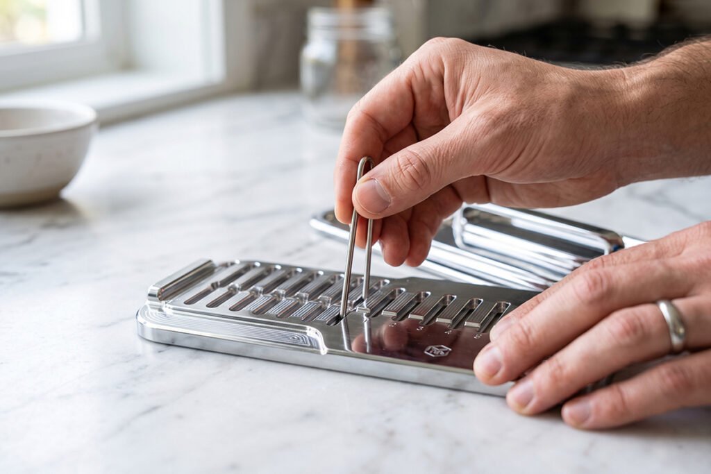 A close-up view of an adjustable metal lid organizer showing removable dividers being inserted into base slots.