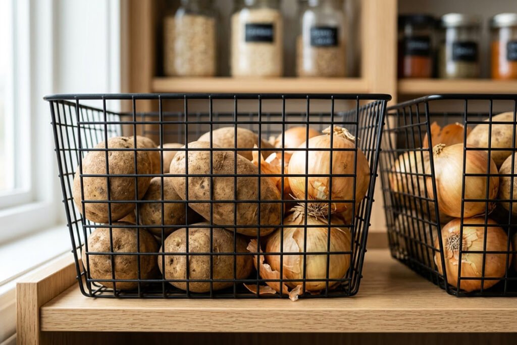 A close-up view of open wire mesh baskets filled with