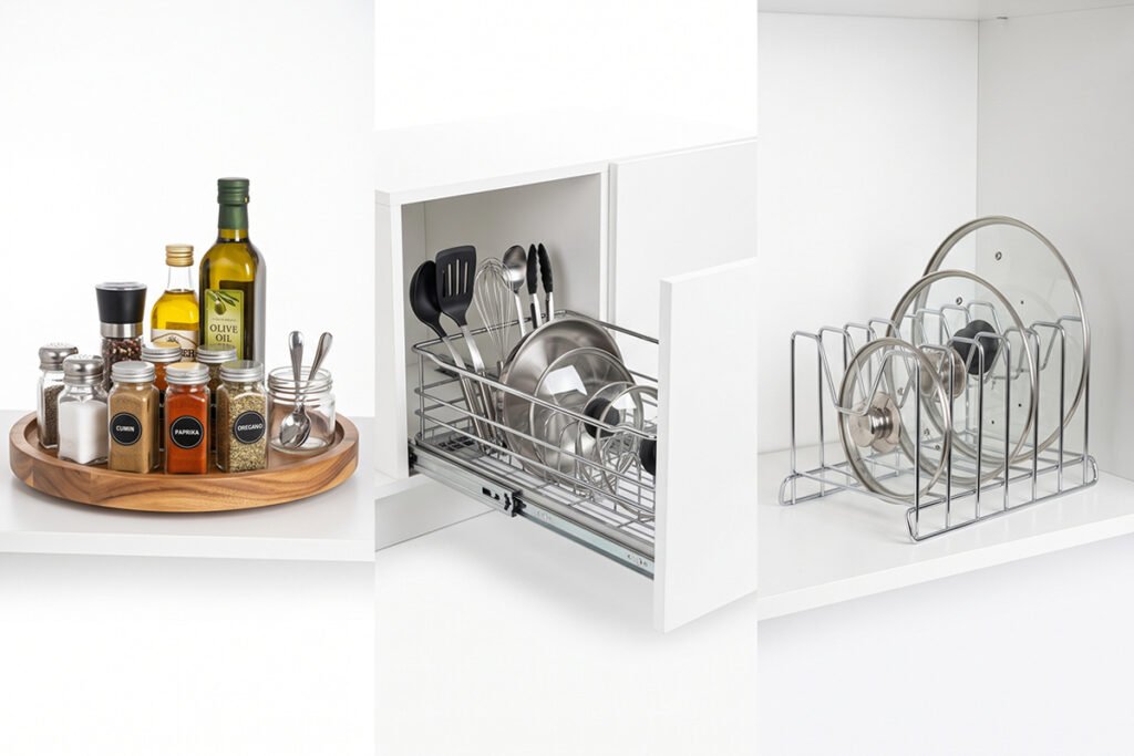 A collage of top-rated cabinet organizers including a lazy Susan