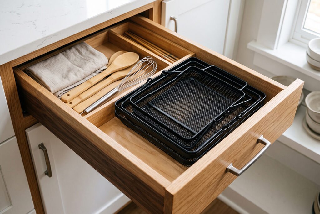 A collapsed wire basket tucked neatly away into a shallow kitchen drawer.