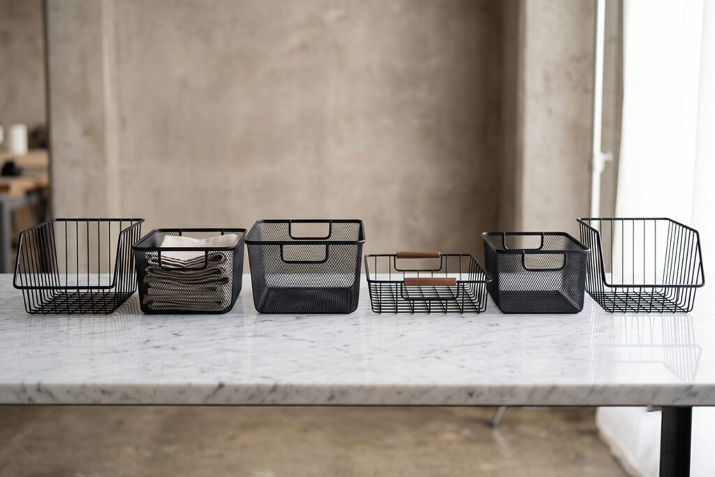 A collection of various black metal wire basket styles arranged side by side