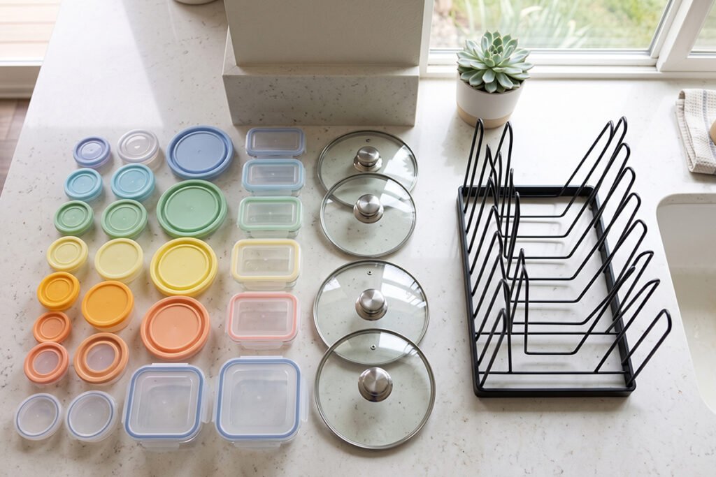 A collection of various container lids sorted by size and material resting beside an empty lid organizer.