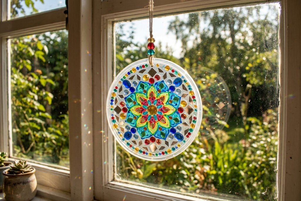 A colorful handmade suncatcher crafted from a clear plastic lid hanging in a sunny window