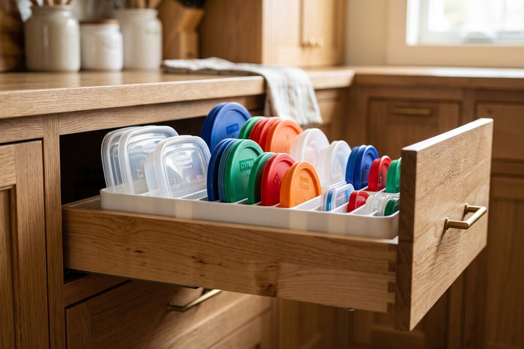 A compact plastic lid organizer placed inside a wooden cabinet drawer displaying categorized food lids.
