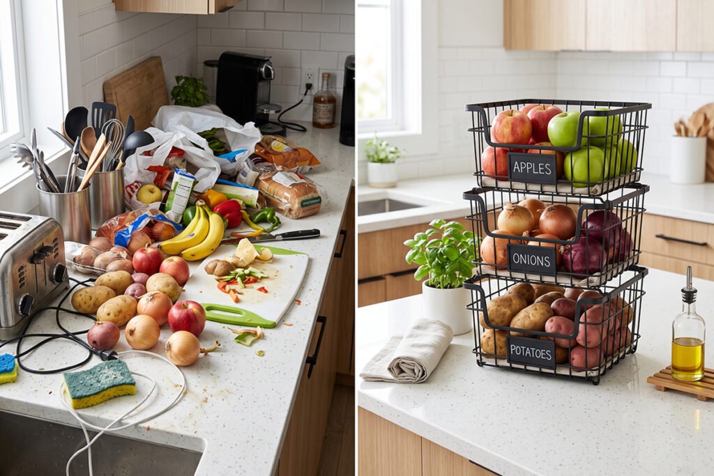 A comparison showing clutter on a countertop next to neatly organized stackable wire bins.