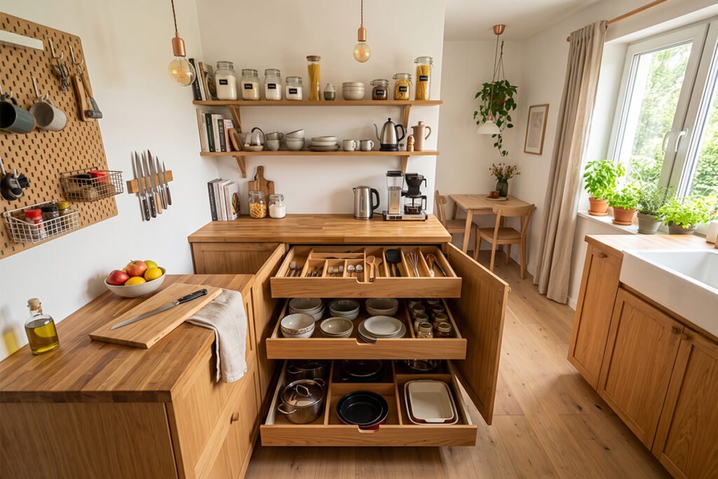 A cozy kitchen showing organized drawers alongside simple DIY storage ideas