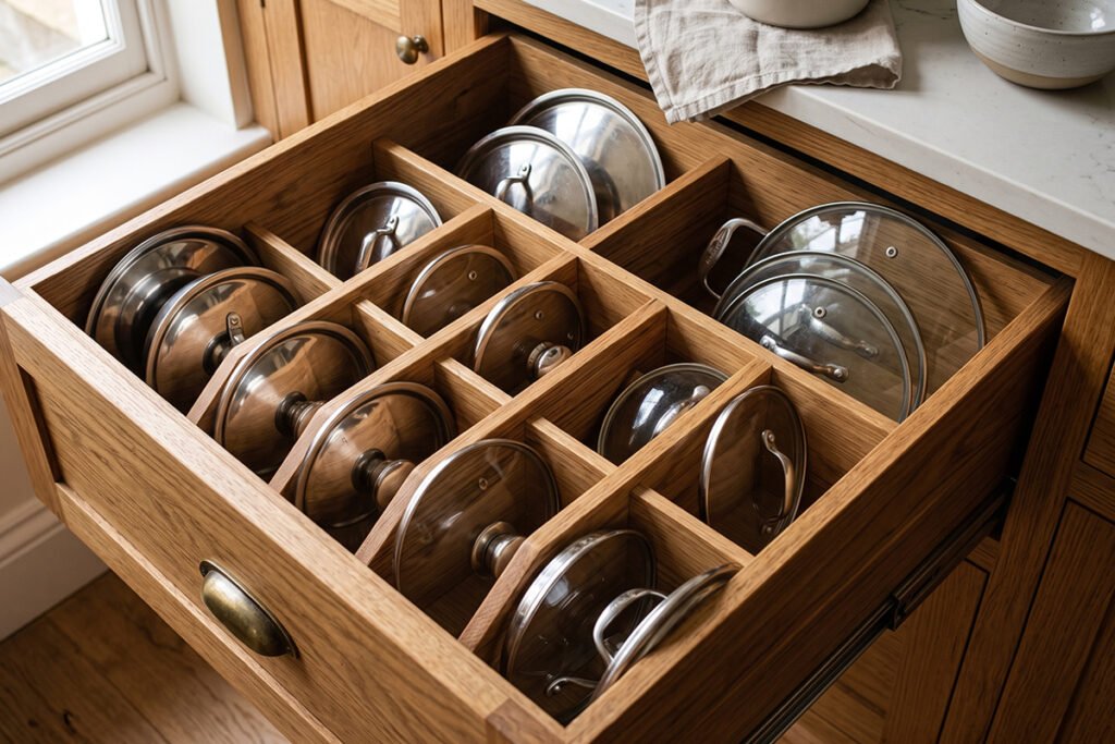 A deep wooden drawer featuring custom diagonal dividers separating various saucepan lids