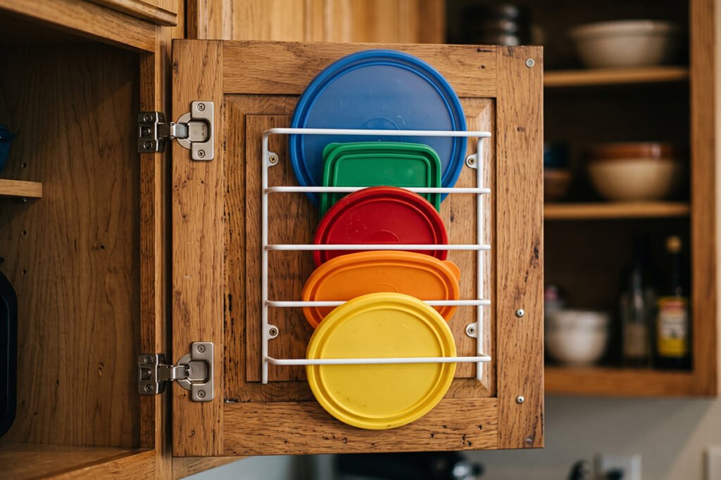 A door-mounted wire rack holding several plastic lids on the interior of a cabinet door.