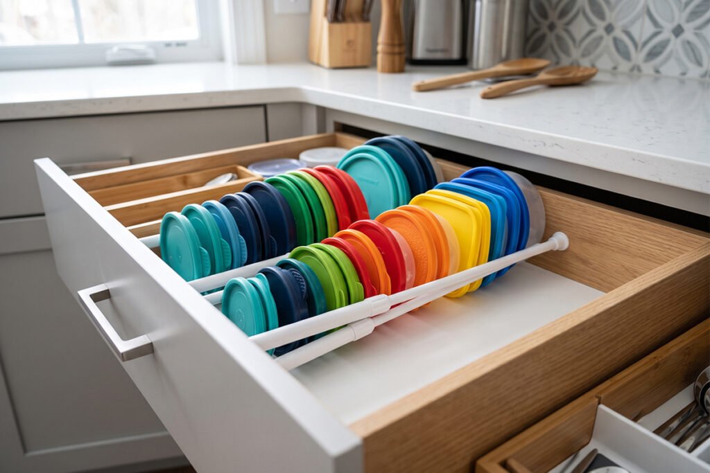 A drawer equipped with adjustable tension rods keeping plastic Tupperware covers upright