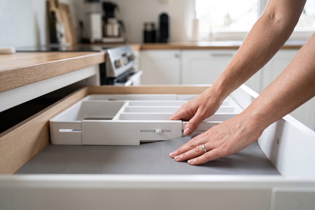 A drawer liner being placed beneath an adjustable plastic drawer divider system