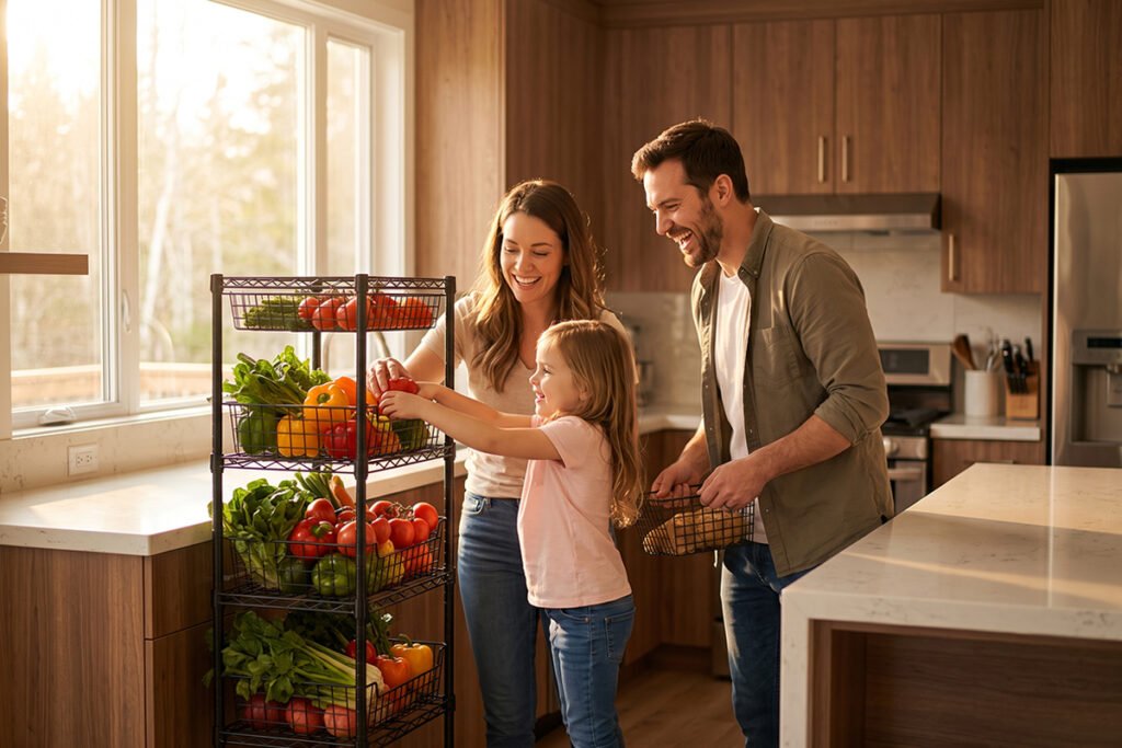 A family pulling fresh produce from a fully stacked Rebrilliant 5-pack wire unit.