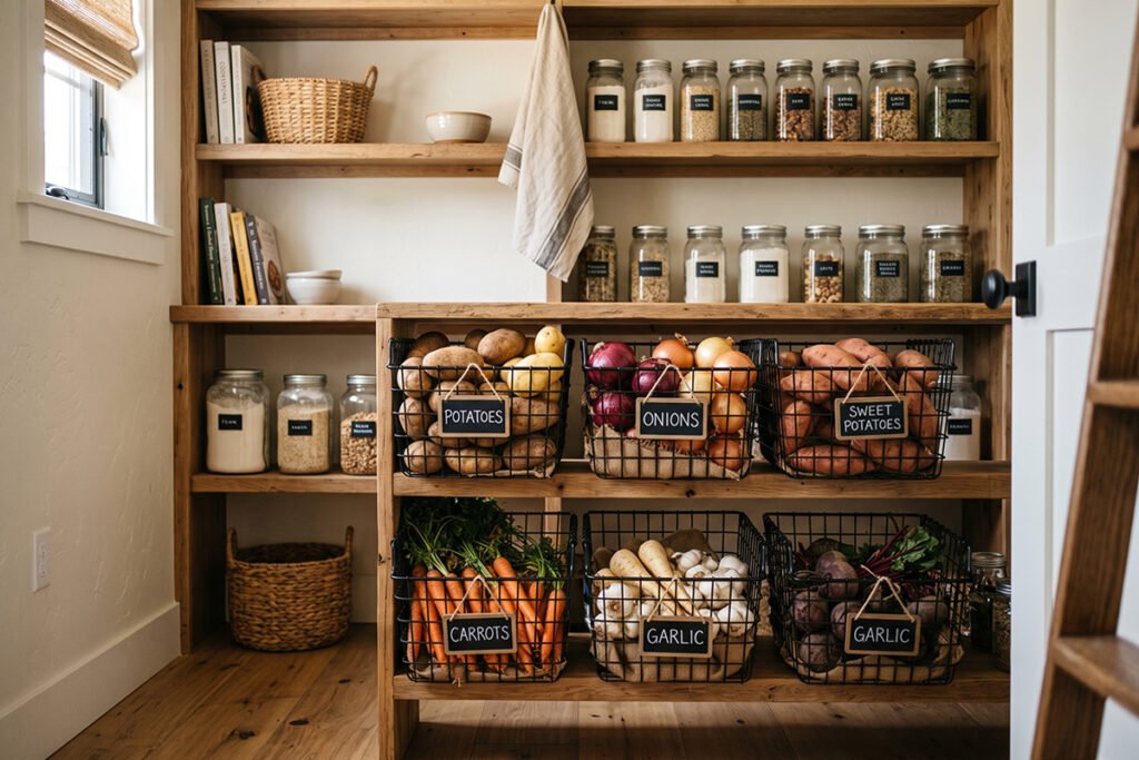 A farmhouse pantry display featuring stacked black wire produce baskets.