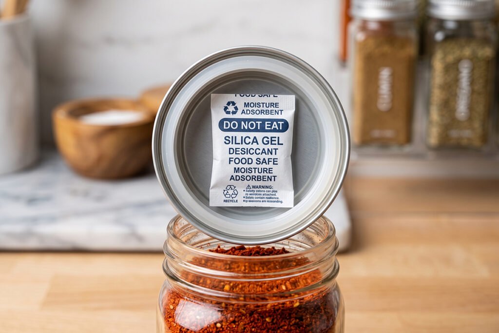 A food-safe silica gel packet taped neatly underneath the lid of a glass spice jar