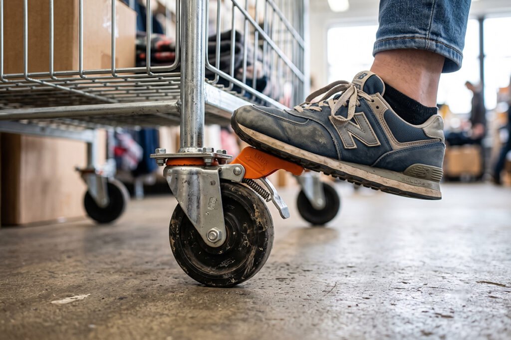 A foot pressing down on the caster wheel lock of a rolling wire storage cart.