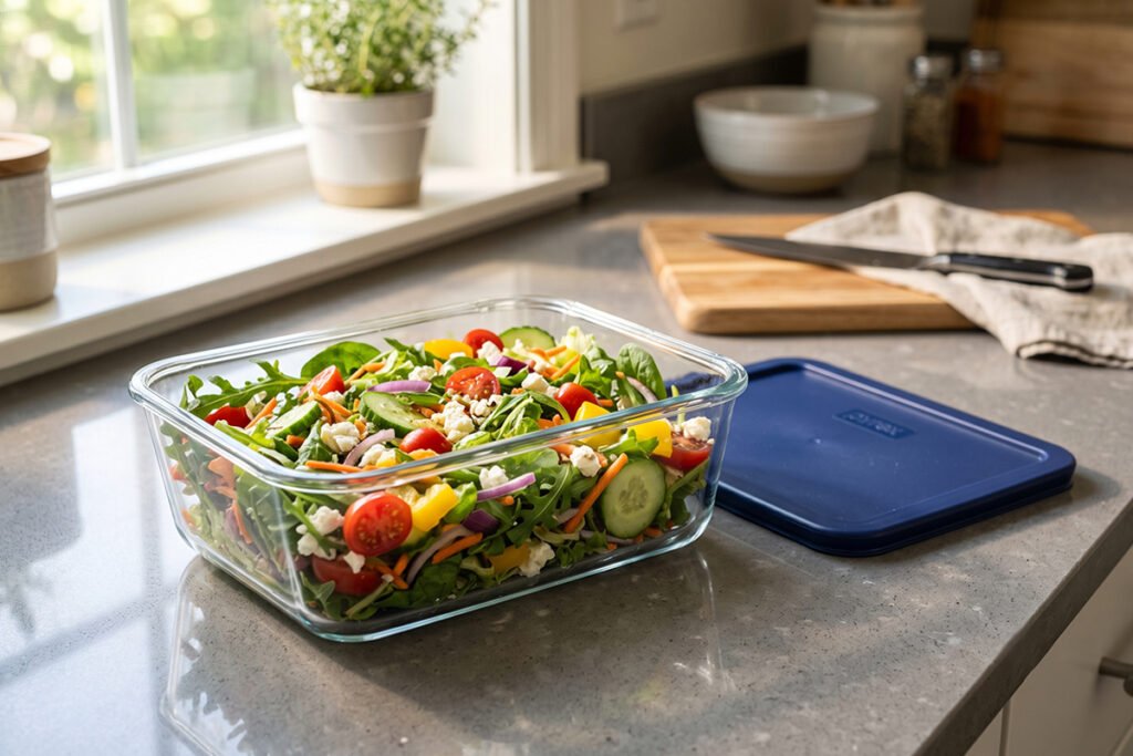 A glass Pyrex container filled with fresh food resting next to its plastic lid on a counter.