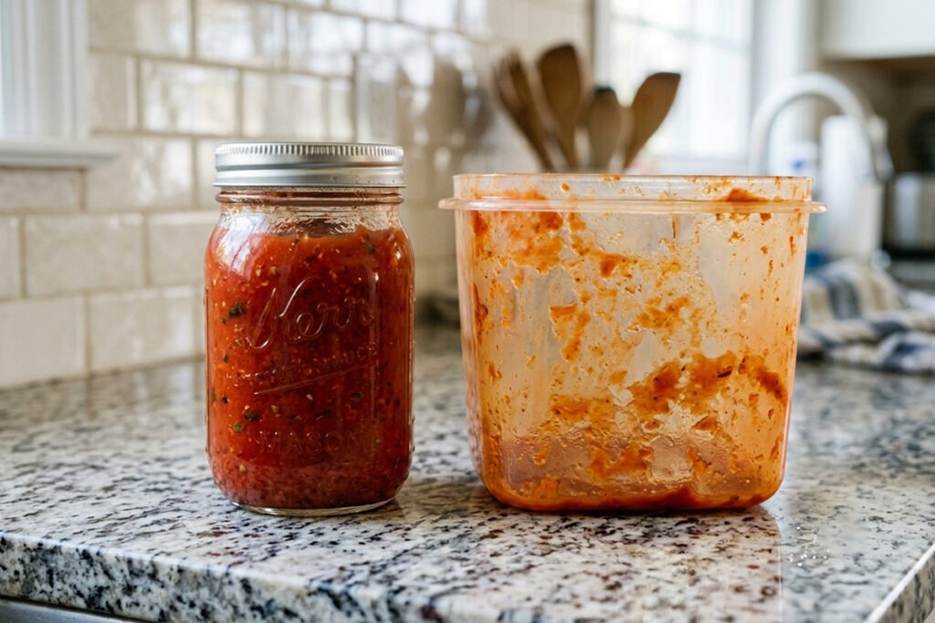 A glass jar filled with red tomato sauce next to a stained plastic container