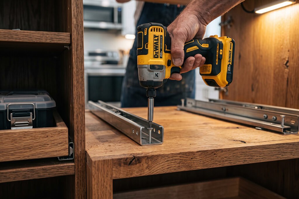 A hand installing a screw-mounted sliding track system inside the bottom floor of a kitchen cabinet.