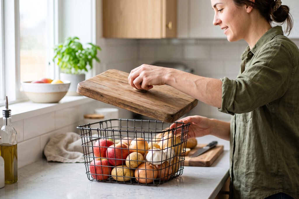 A hand lifting the wooden top off a metal wire storage basket to access produce.