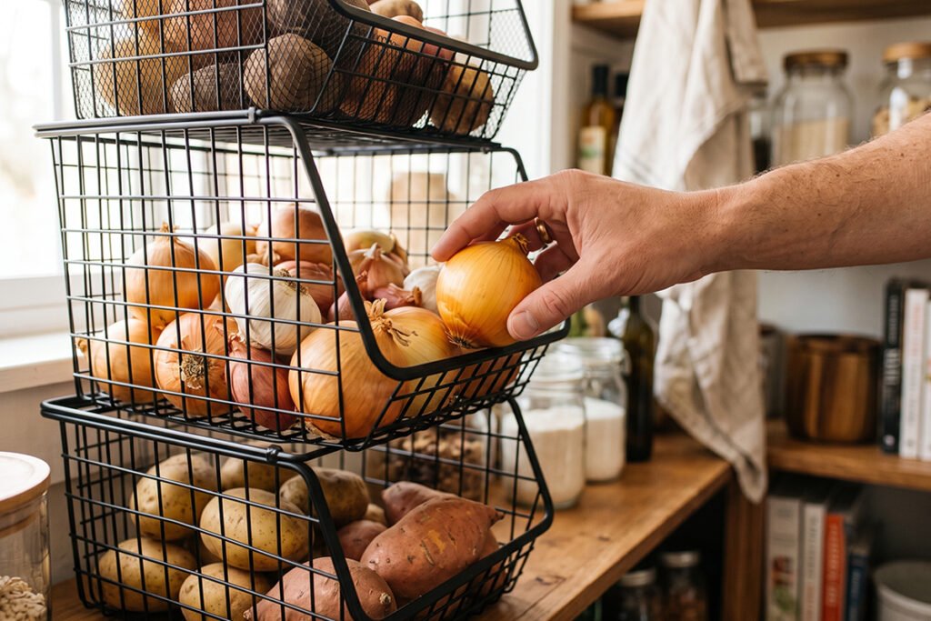 A hand pulling an onion out of the open front scoop of a stacked wire basket system.