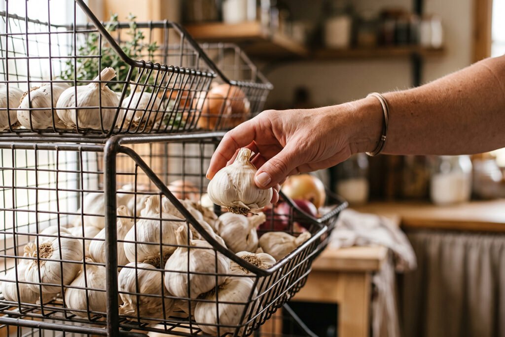 A hand reaching into the bottom tier of stacked open-front wire bins for garlic.