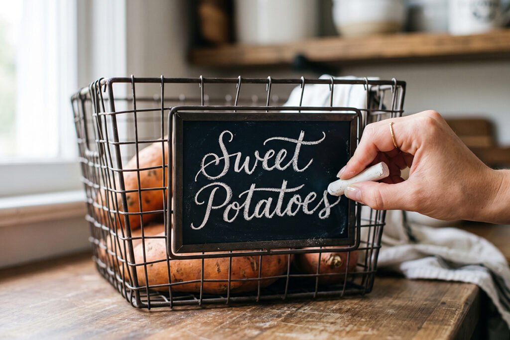 A hand using white chalk to write Sweet Potatoes on a basket chalkboard label.