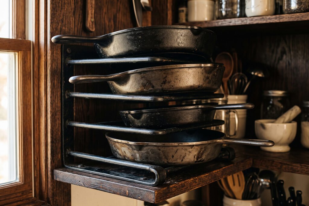 A heavy-duty metal pan organizer holding cast iron cookware horizontally on a sturdy shelf.