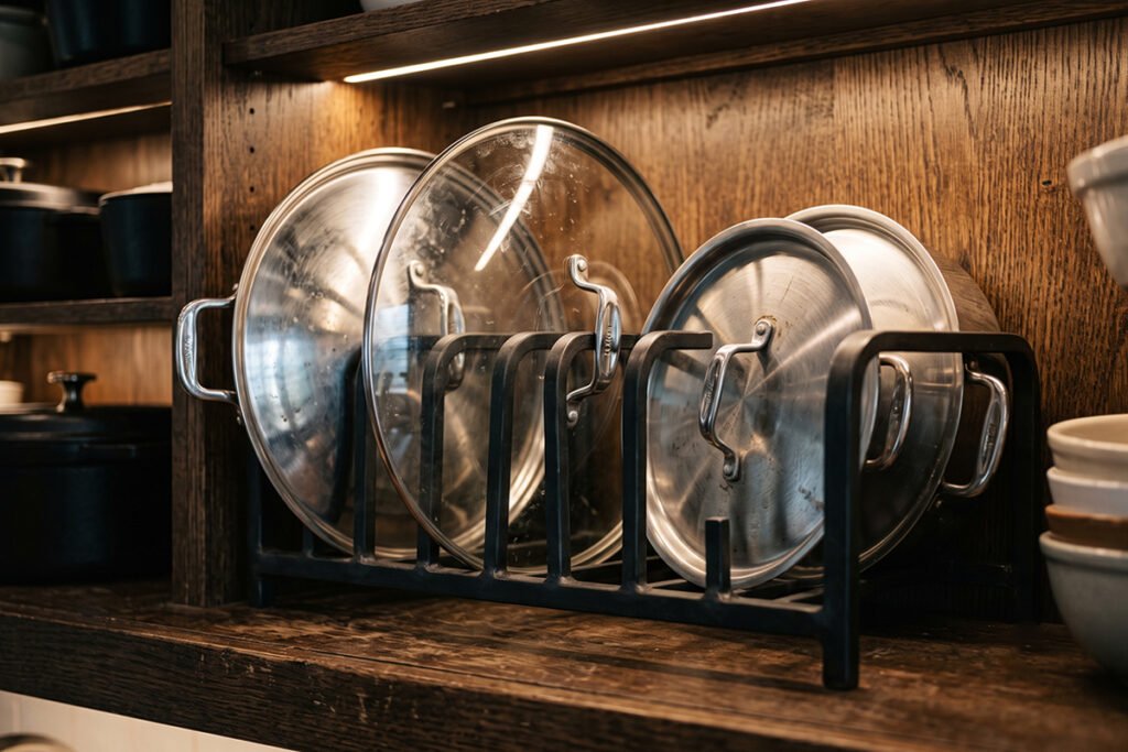 A heavy steel pot lid rack holding several glass and metal cookware lids on a lower cabinet shelf.