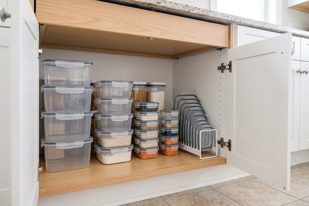 A lower cabinet open to reveal nested plastic containers sitting next to a neat lid organizer.