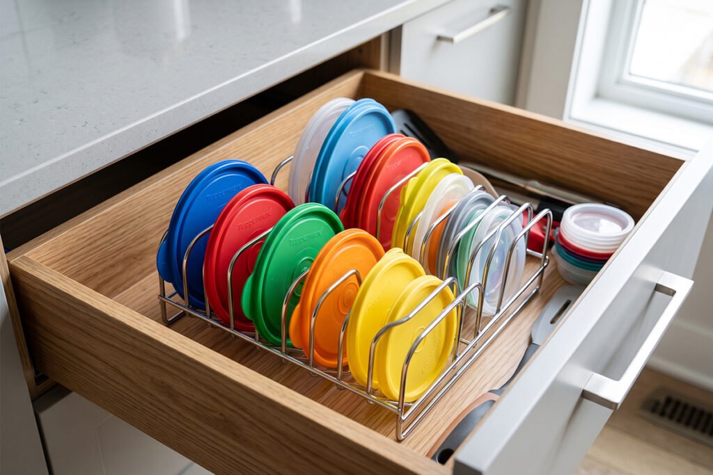 A metal wire lid rack holding plastic lids upright inside a drawer