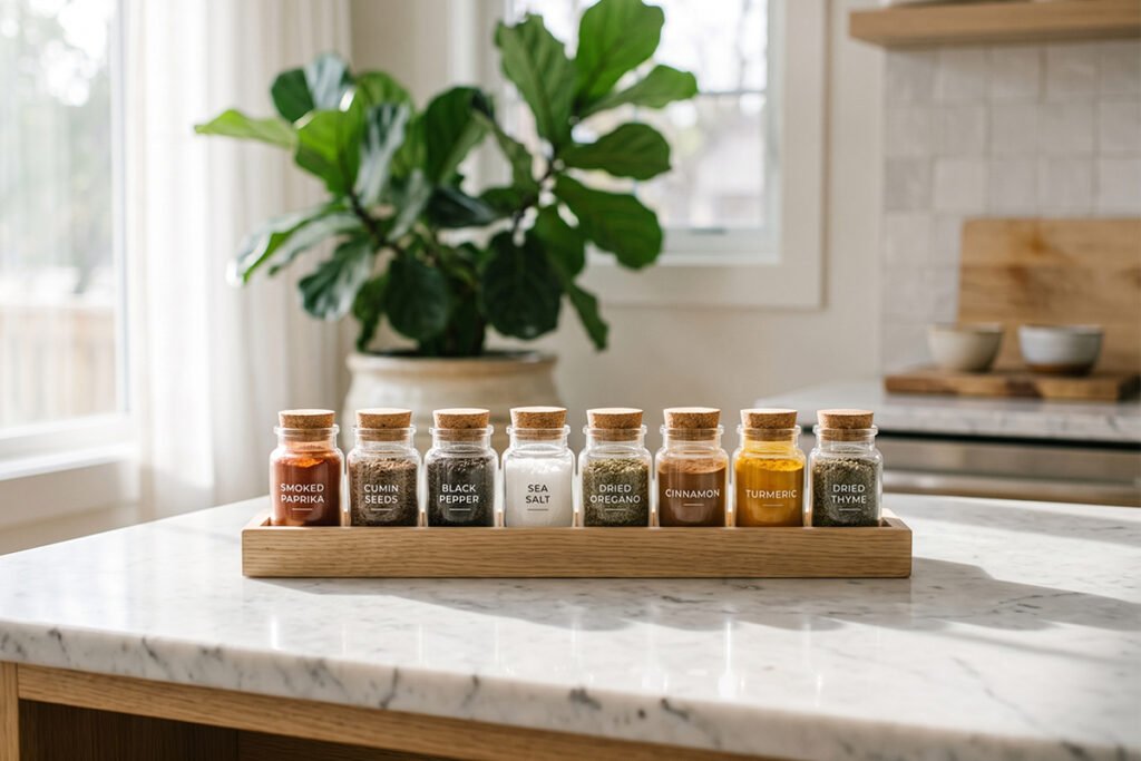 A minimal wooden tray holding eight foundational spice containers in a bright kitchen