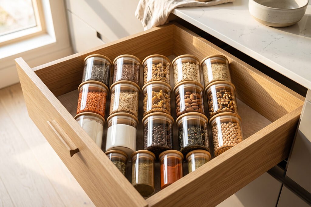A minimalist kitchen drawer holding only a lean