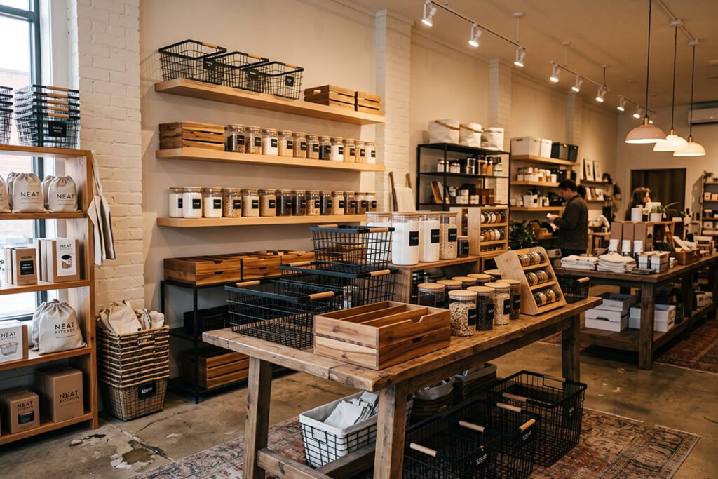 A modern retail storefront displaying kitchen storage and organization products