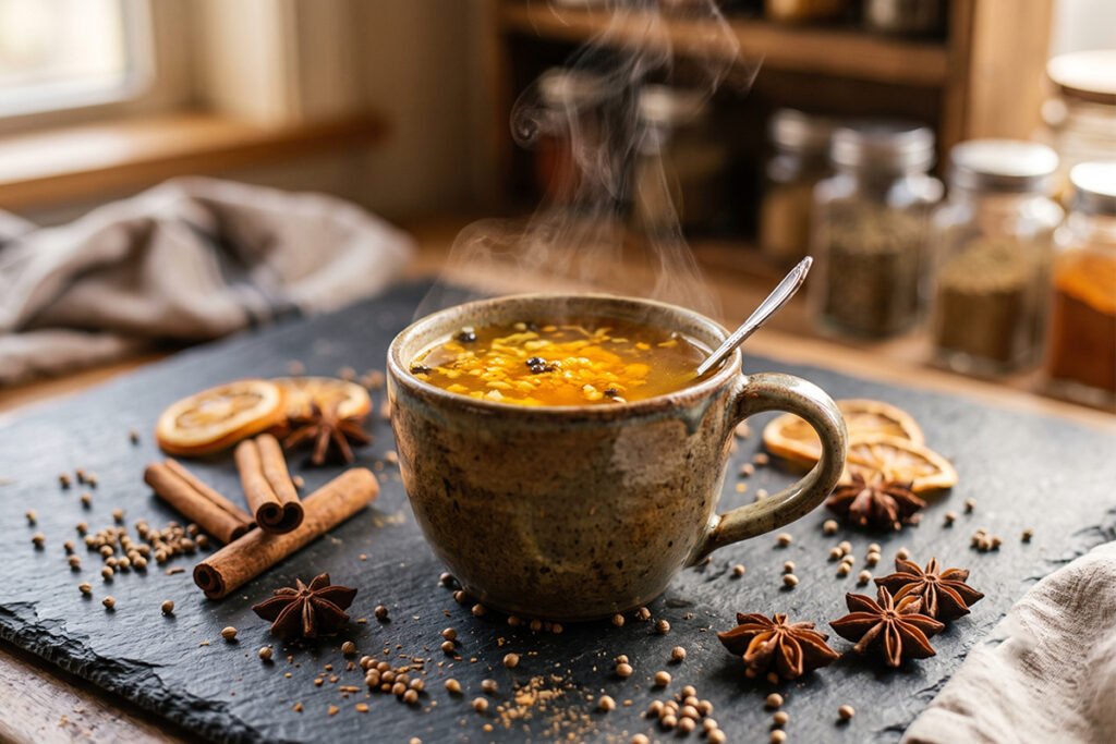 A mug of hot ginger and turmeric detox tea surrounded by cinnamon sticks and coriander seeds (2)