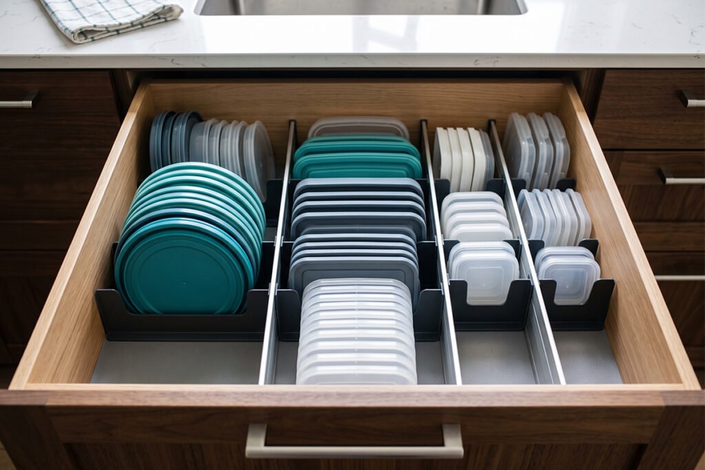 A neatly arranged kitchen drawer with sorted lids arranged vertically using dividers