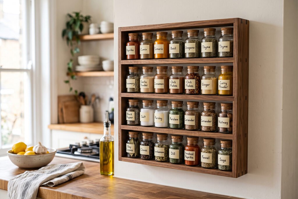 A neatly curated home spice rack holding essential everyday cooking seasonings