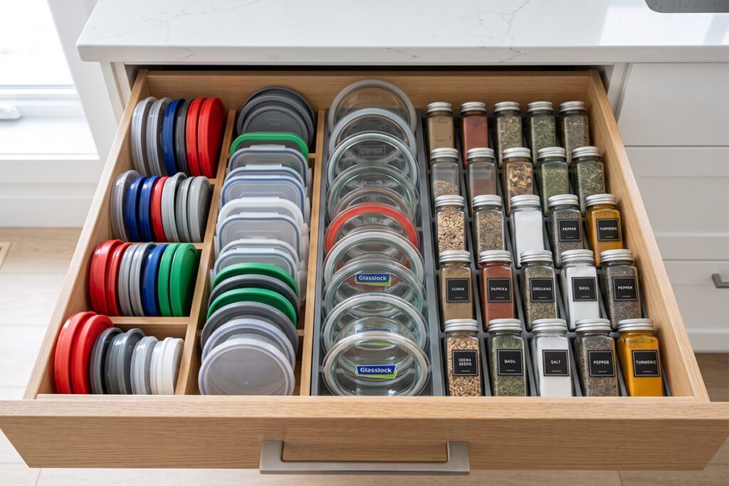 A neatly organized kitchen drawer following minimalist vertical sorting principles