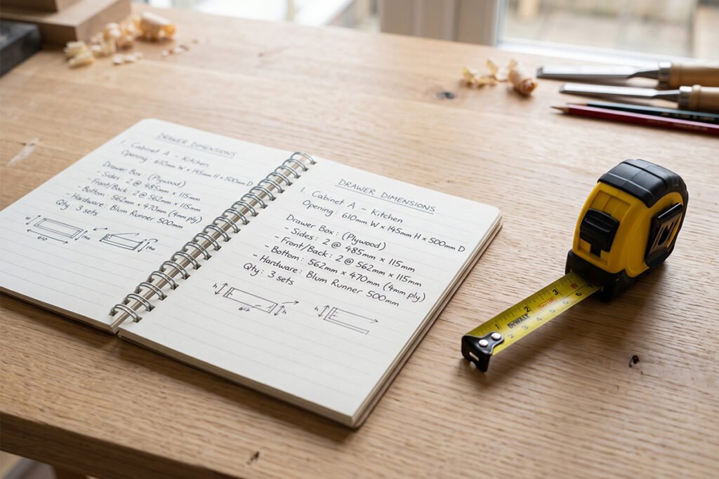 A notepad displaying written drawer measurements beside a tape measure