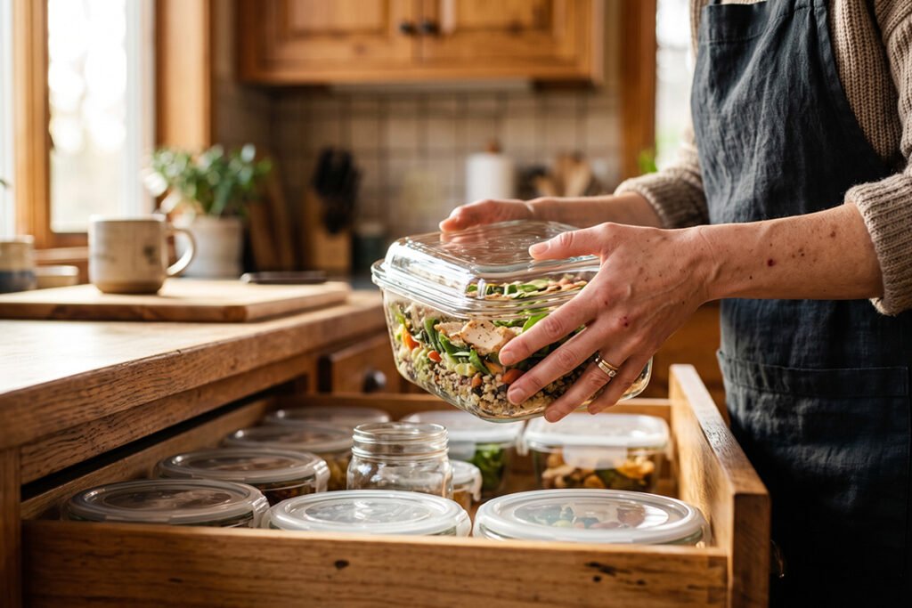 A person carefully lifting a single heavy glass meal prep container out of a deep kitchen drawer