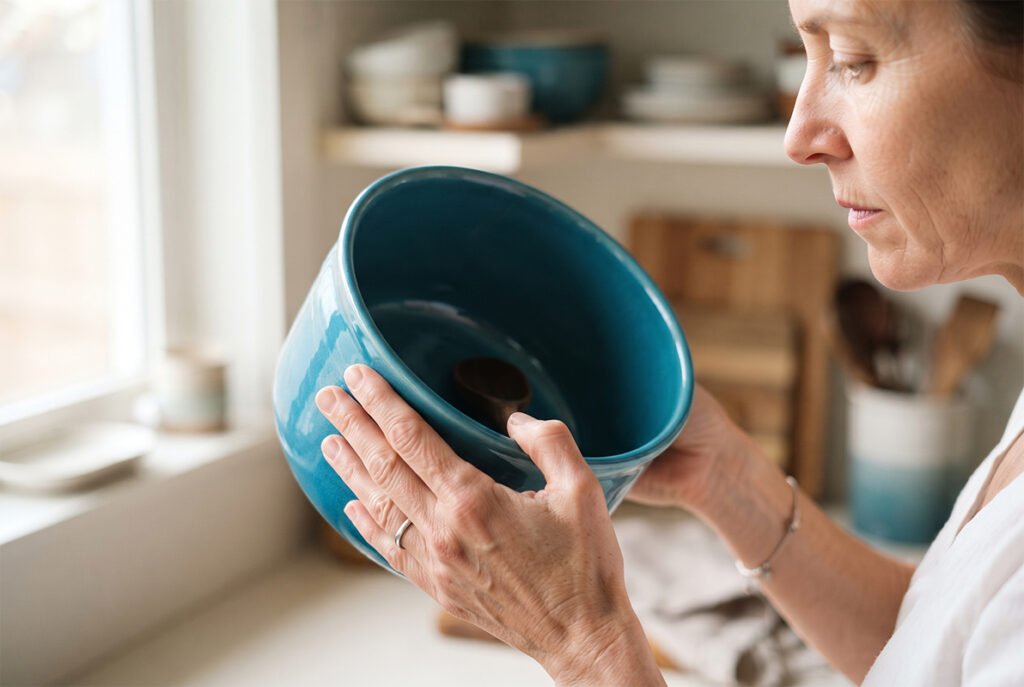 A person inspecting the smooth, lead-free glazed interior of a vibrant ceramic food container